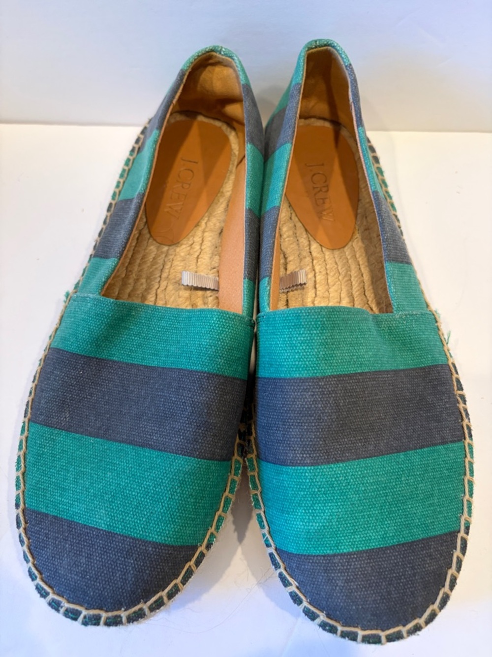 J. Crew Teal and Gray Striped Canvas Espadrilles